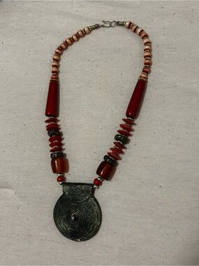 Handmade Red Bead Pendant Statement Necklace